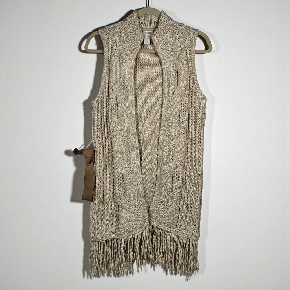 Chicos Sweater Vest with Belt Beige Knit Cable Knit Fringe Women Size 1 (Medium)